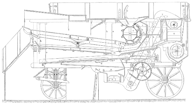Ein detailliertes technisches Zeichnung einer Dampflokomotive mit einem großen Antriebsrad, das einen langen zylindrischen Körper, eine flache Oberseite und vier große Räder aufweist, die über einen Metallrahmen mit dem Motor verbunden sind.