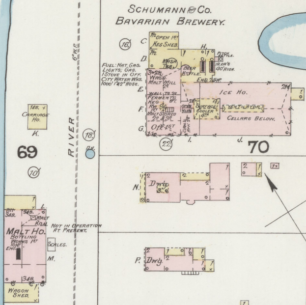 Eine Karte der Schumann & Co Bayerischen Brauerei mit beschrifteten Standorten und numerischen Indikatoren.