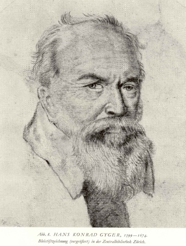 Ein Schwarzweiß-Zeichnung von Hans Konrad Gyger, einem deutschen Philosophen mit einem langen Bart, mit Text unten.