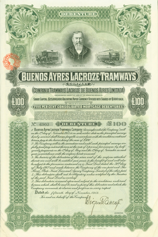 Altes Aktienzertifikat für die Buenos Ayres Lacroze Tramways Company mit einem Mann im Anzug und förmlichen Text.