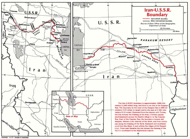 Detailierte Landkarte-Poster der iranisch-sowjetischen Grenze, zeigt geografische Merkmale und Landesgrenzen mit erklärendem Text.
