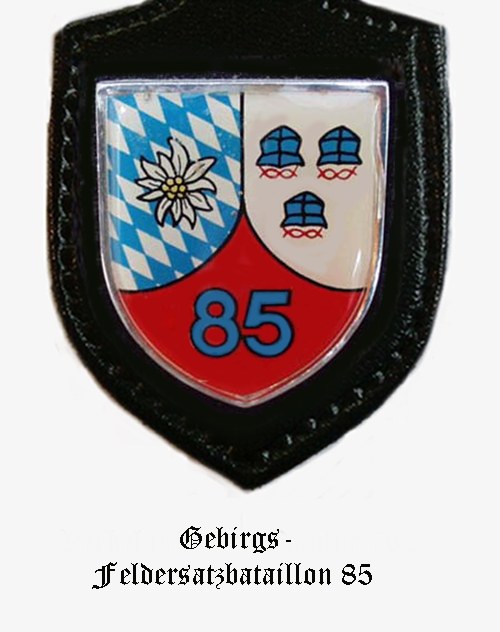 Ein Abzeichen mit der Nummer 85 und deutscher Schrift unten, das das Logo der bayerischen Fußballmannschaft darstellt.