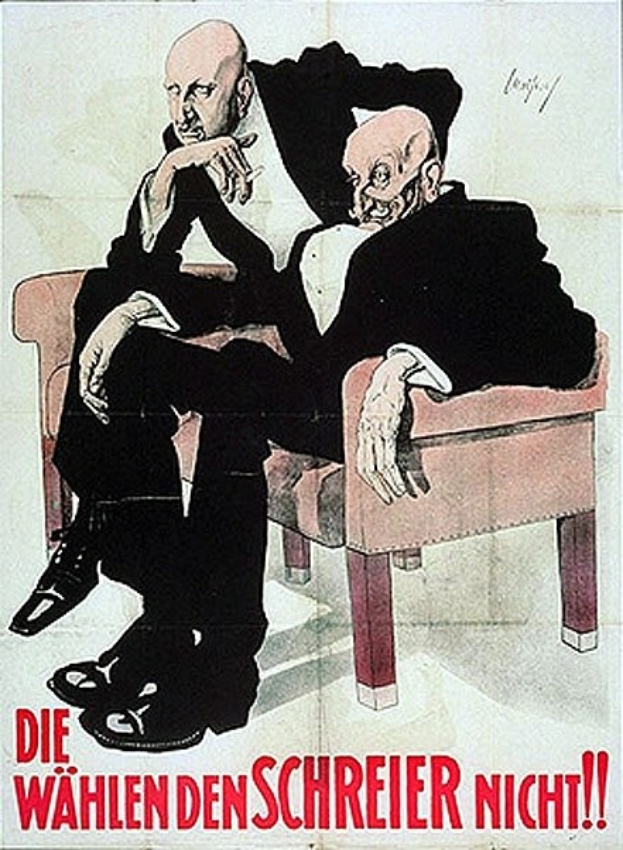 Deutsches Propagandaplakat für die Nazi-Partei mit zwei Männern auf einem Sofa mit Text.