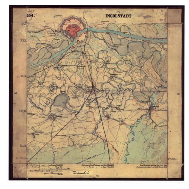 Alte Karte von Ingolstadt, Deutschland, gerahmt und mit detaillierten Straßen, Gebäuden und Sehenswürdigkeiten mit beschreibendem Text.