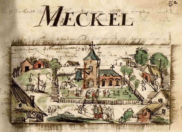 Ein abgenutztes Buch mit einer Illustration einer mittelalterlichen Stadt, einschließlich Häusern, Bäumen und Menschen, neben beschreibendem Text auf der Seite.