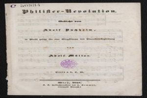 Ein altes Buch mit dem Titel "Philifer-Revolution" von Adolf Müller aus dem Jahr 1818 mit einem violetten Stempel auf dem Cover, das Text auf vergilbtes Papier gegen einen schwarzen Hintergrund zeigt.