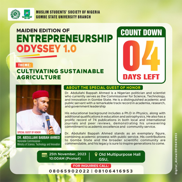 Plakat für die Premiere von "Entrepreneurship Odyssey 1.0: Kultivierung nachhaltiger Landwirtschaft", das eine Person in einem weißen Hemd zeigt, die ein Mikrofon hält und entschlossen aussieht.