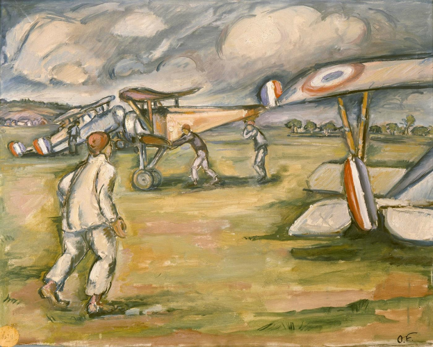 Bild betitelt 'Der Flug des Flugzeugs' von Paul Cézanne aus dem Jahr 1891, das Männer bei der Arbeit an einem Flugzeug in einem Feld mit Bäumen und einem bewölkten Himmel zeigt.