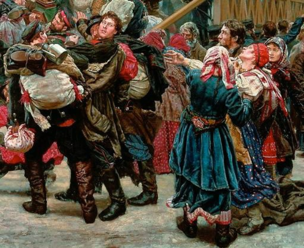 Gemälde von Menschen in traditioneller russischer Kleidung, die vor einer Menge tanzen und Gegenstände halten, mit einem hölzernen Haus im Hintergrund, das eine lebhafte Szene aus der russischen Revolution darstellt.