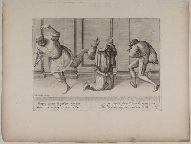 Schwarz-weiß-Zeichnung von drei Männern in einem Raum, einer hält einen Hammer, mit Text, der eine körperliche Auseinandersetzung suggeriert.