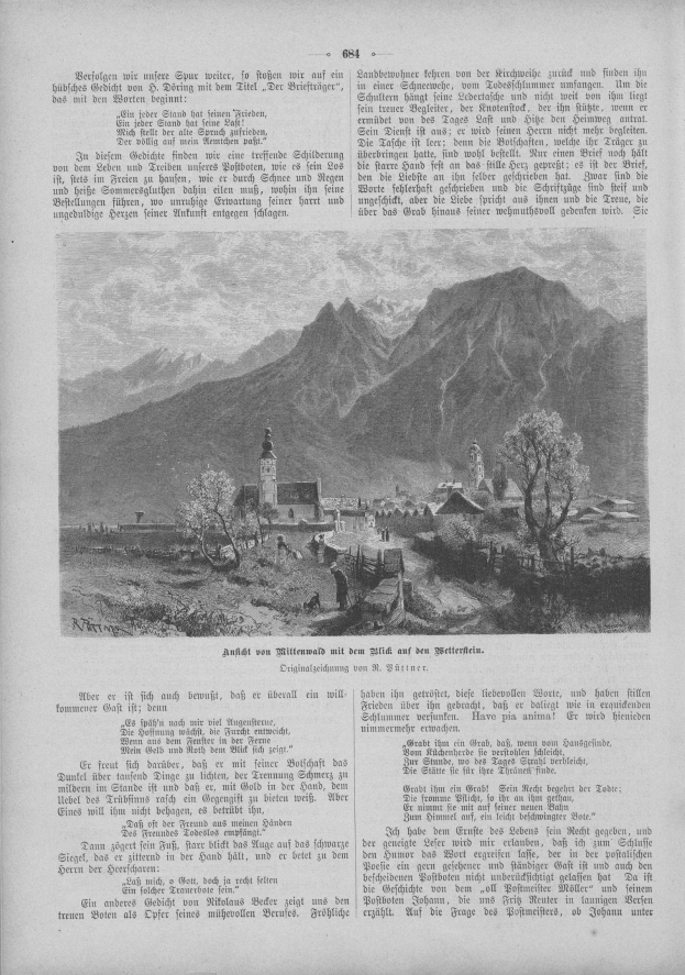 Ein aufgeschlagenes Buch mit einer detaillierten Illustration einer Berglandschaft mit saftig grünen Bäumen, kleinen gemütlichen Häusern, Menschen und sauber geschriebenem Text.