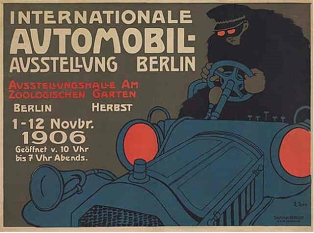 Internationales Automobilsalon-Plakat in Berlin mit Cartoon-Fahrer im Auto mit Text.