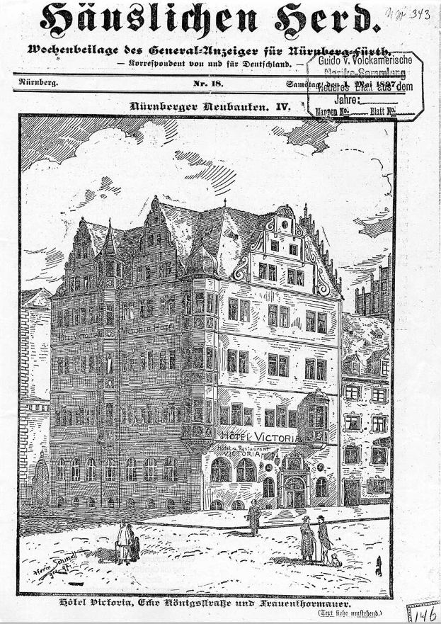 Schwarzes und weißes Zeitungsfoto mit einer Zeichnung des Hotels Victoria in München, Deutschland, umgeben von Text und Zahlen.