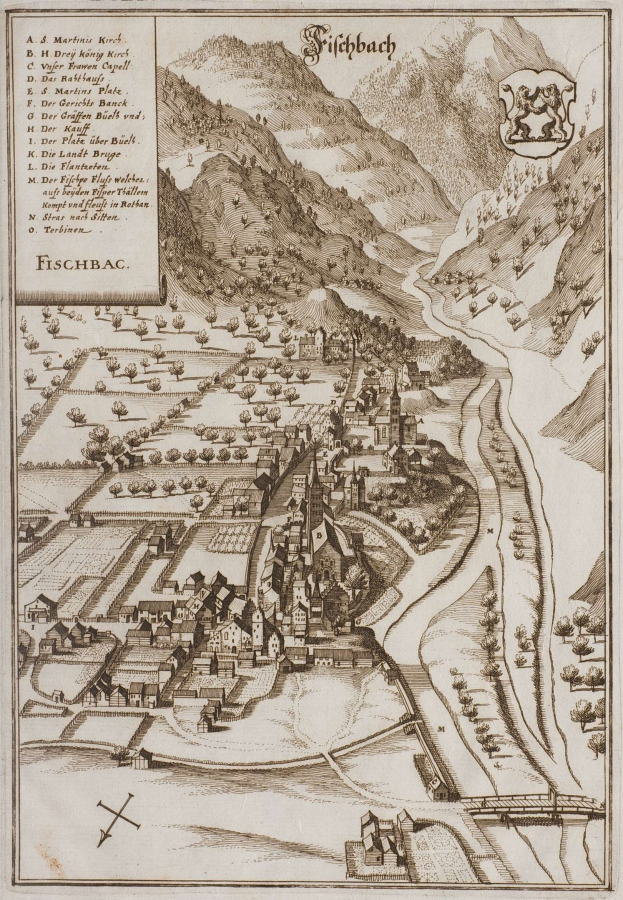 Alte Karte von Fischbach, Deutschland, die Häuser, Bäume, Hügel, einen gewundenen Fluss und gedruckten Text mit einem Logo zeigt.