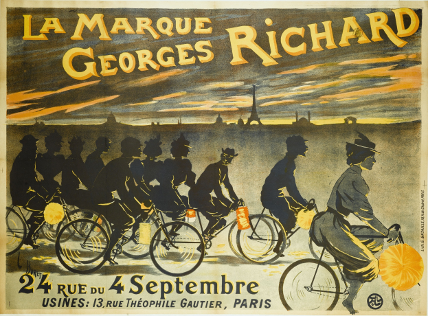 Plakat für ein Fahrradrennen in Paris mit einer Gruppe von Radfahrern und dem Eiffelturm im Hintergrund, einschließlich der Veranstaltungseinzelheiten im Text.