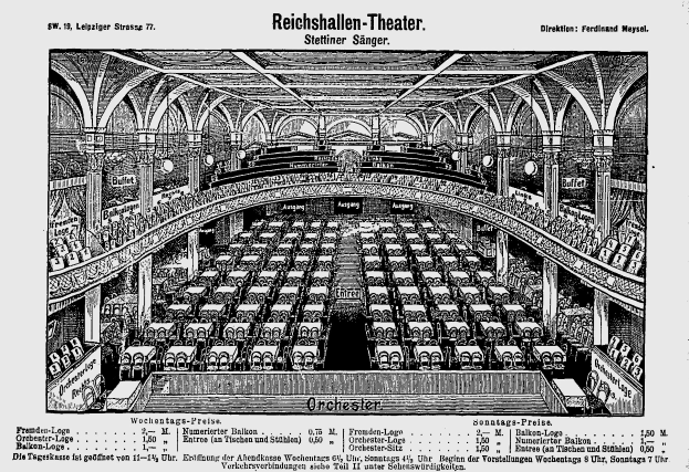 Schwarz-weißer architectural drawing of the Reichshallen Theater in Berlin, showing the auditorium with rows of chairs, pillars, and ceiling, with text at the bottom.