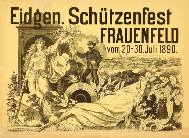 Plakat für das Eidgen Schützenfest in Frauenfeld, Deutschland, mit einem Mann in einem Anzug und einer Frau in einem Kleid und Veranstaltungstext.