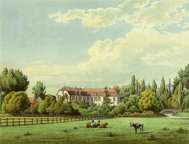 Gemälde von Kühen, die auf einer Wiese mit einem Holzzaun, Bäumen, Gebäuden, einer Brücke und einem bewölkten Himmel grasen, mit der Beschriftung "Kühe auf der Weide in Wiesbaden, Deutschland" unten.