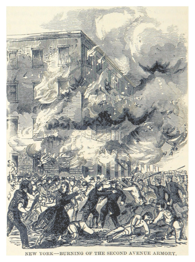 Ein Plakat zeigt das Second Avenue Armory in New York City in Flammen, mit einer Gruppe von Menschen davor und Rauch, der in den Himmel aufsteigt; Text unten lautet "New York - Brand des Second Avenue Armory."