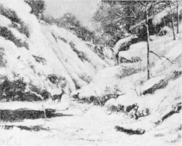 Schwarze und weiße Zeichnung eines Wasserfalls, der eine schneebedeckte Hügelseite hinabfließt und von Bäumen umgeben ist, mit Text unten, der "Bergfälle im Schnee" liest.
