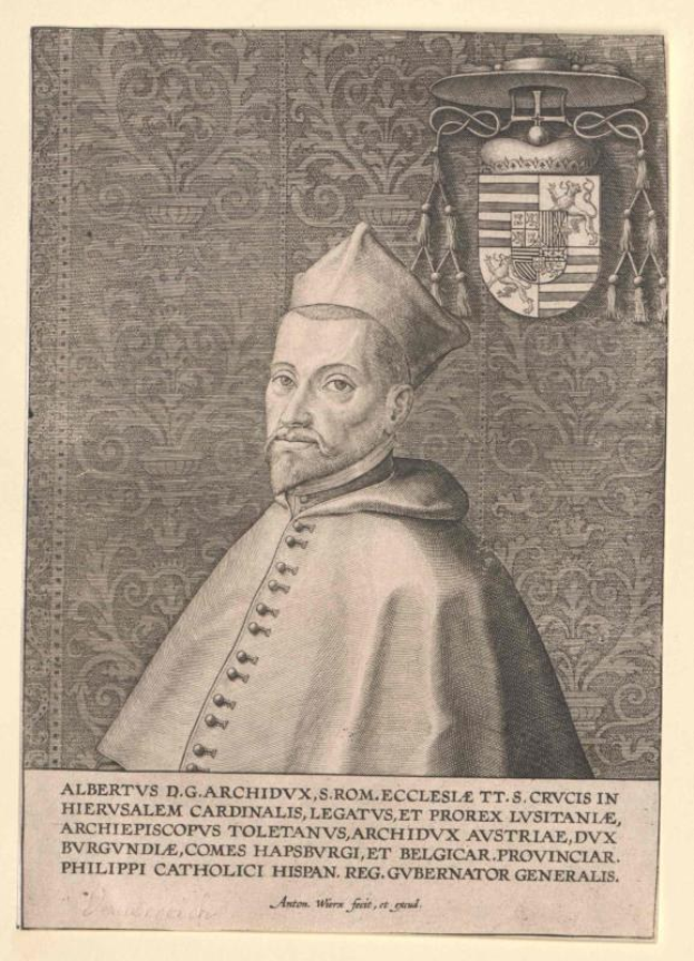 Stich eines Mannes in Priestergewand und Hut, beschriftet mit "Albrecht D. Erzdiözese" und einem Wappen im Hintergrund sowie Text am unteren Rand.