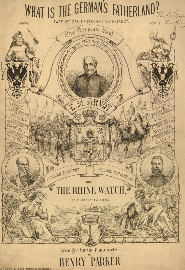 Ein Blatt mit Bildern von Menschen und dem Text "Was ist das Vaterland der Deutschen? Die Rheinwacht von Henry Parker".