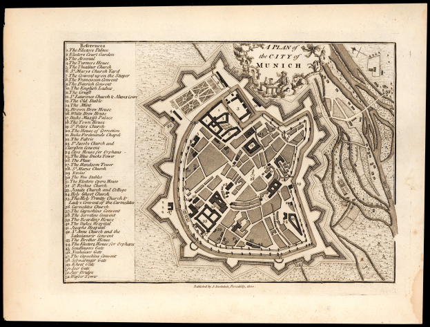 Detailiertes altes Stadtplan von München, Deutschland, mit Straßen, Gebäuden und Sehenswürdigkeiten auf einem schwarzen Hintergrund, einschließlich Textbeschriftungen.