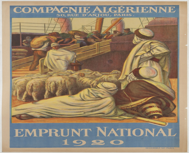 Plakat für die 1920er Emprunt National mit einer Gruppe von Menschen und Tieren sowie Text mit Ereignisinformationen.
