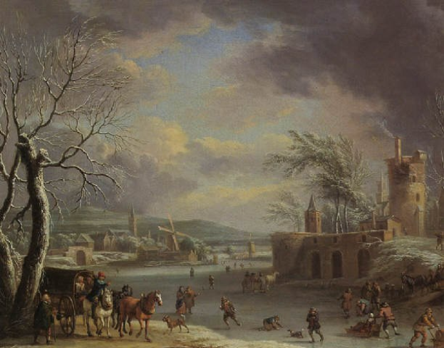 Eine Winterlandschaft mit Figuren, die auf einem zugefrorenen Fluss Schlittschuh laufen, umgeben von Bäumen, Gebäuden, Hügeln und Wolken, mit Tieren und Karren, die überall verstreut sind.