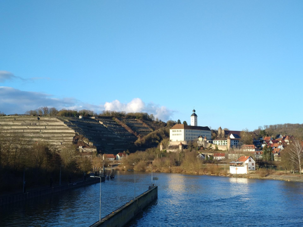 Eine malerische Aussicht auf den Rhein in Deutschland, mit einer Brücke, Laternen, Bäumen, Gebäuden entlang der Ufer und einem Hügel im bewölkten Hintergrund.