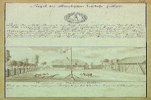 Schwarzer und weißer Abdruck der ersten Fassung der deutschen Verfassung, mit einer handgezeichneten Straßenszene mit Fahnenmast, Gebäuden, Bäumen und Himmel.