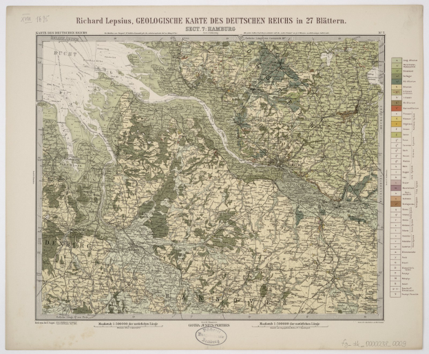Ein altes topografisches Kartenblatt der deutschen Alpen, das geologische Informationen mit Text und Zahlen anzeigt.