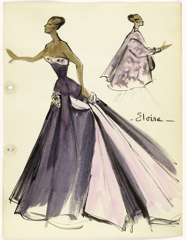 Skizze einer Frau in einem langen lila Kleid mit hohem Kragen und langen Ärmeln, entworfen von Elie Saab, mit detaillierten Elementen und einem Dutt, gezeichnet auf Papier mit sichtbarem Text.