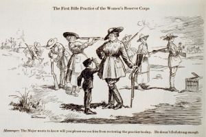 Ein Blatt mit einer Zeichnung einer Gruppe von Menschen, einige halten Gewehre, und Text, der "Die erste Gewehrübung der Frauenreserve" lautet.