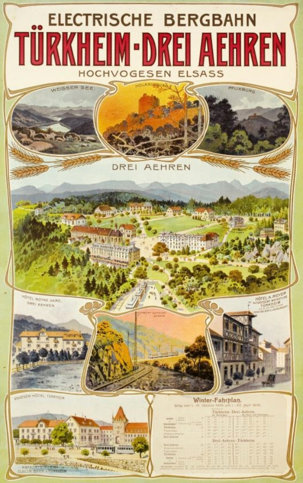 Plakat für Bergbahn, Deutschland als Elektrostadt mit Bildern von Gebäuden, Bäumen, Hügeln und Text.