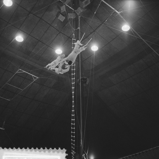 Zwei Akrobaten bei einer Trapeznummer im Zirkus, mit Zuschauern und Deckenbeleuchtung.