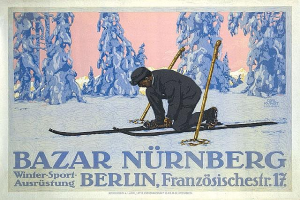 Plakat zum Bazar Nürnberg Winter Sport in Berlin, Deutschland, mit einer Person auf Skiern mit Skistöcken und Bäumen im Hintergrund sowie Text, der das Event beschreibt.