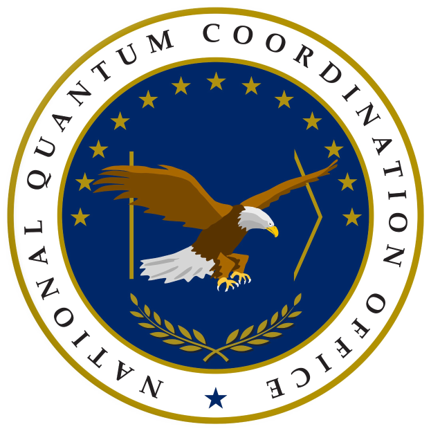 Logo des Nationalen Quantum-Koordinationsbüros mit einem blauen Kreis, einem weißen Stern in der Mitte, einem weißen Rand und der Beschriftung "Quantum-Koordination" in weißer Schrift rundherum auf blauem Hintergrund.