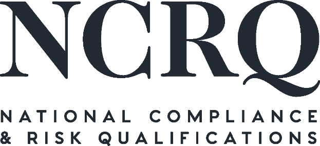 Weißer Hintergrund mit zentralem fetten schwarzen Text "National Compliance & Risk Qualifications" in moderner Schriftart, umrandet von einem dünnen schwarzen Rand.