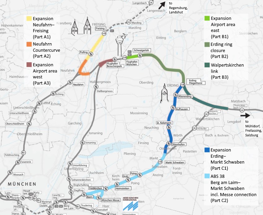 Eine detaillierte Stadtkarte, die die Bahnroute von München nach Frankfurt mit markierten Haltestellen, Umfeld und Bahn-details hervorhebt.