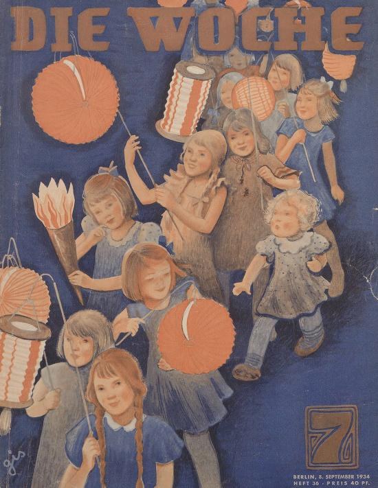 Titelbild der 'Die Woche'-Zeitschrift mit Kindern in traditioneller deutscher Kleidung, die bunte Papierlaternen halten und den 7. September 1934 feiern, mit der Aufschrift 'Die Woche' und 'Frohes neues Jahr.'