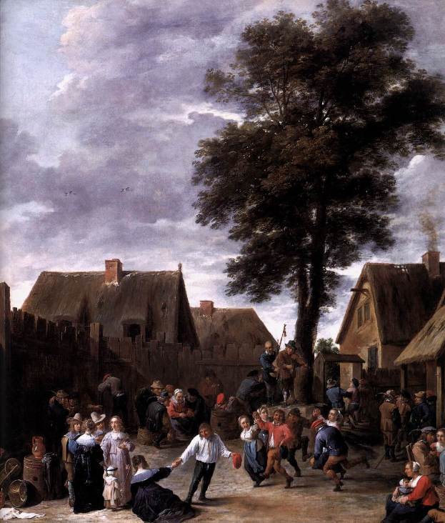 Gemälde 'Der Tanz im Dorf' von Jan Brueghel dem Jüngeren, das einen Dorfplatz mit Menschen, Häusern, Bäumen, einem hölzernen Zaun, bewölktem Himmel und fliegenden Vögeln zeigt.