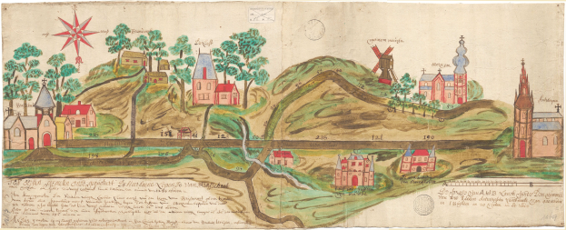 Eine Karte einer kleinen Stadt mit einem Fluss, Häusern, Bäumen, Hügeln, Windmühlen und umgebenem Text.