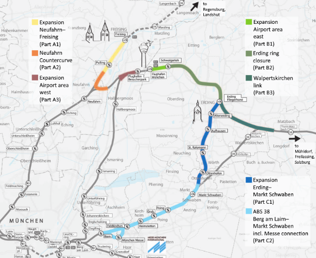 Ein detaillierter Stadtplan mit einer hervorgehobenen Bahnroute von München nach Frankfurt, einschließlich Haltestellen, umliegenden Gebieten und Text mit zusätzlichen Informationen zur Bahn.