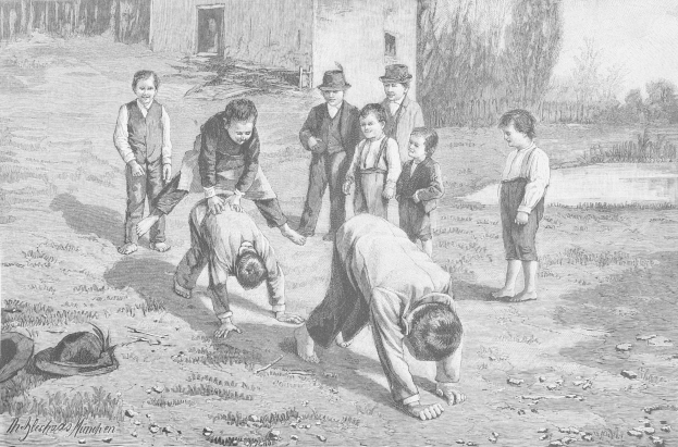 Schwarz-weißes Bild von Kindern, die auf einem Feld spielen, mit zwei Jungen, die in der Mitte kämpfen, und anderen, die zusehen, sowie einem Hut und Text auf der linken Seite.