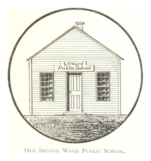 Altes zweigeschossiges Schulgebäude mit einem zentralen Haus, das eine Tür und Fenster aufweist und einen klassischen, altmodischen Baustil zeigt.