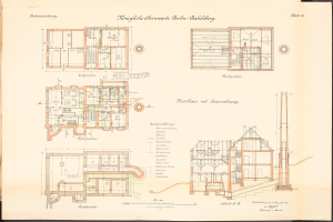 Altes Buch mit detaillierten architectural plans und Text für das ursprüngliche Design der Königliche Hermwerk Berlin-Baklberg, mit einem Gebäudeentwurf auf dem Cover.