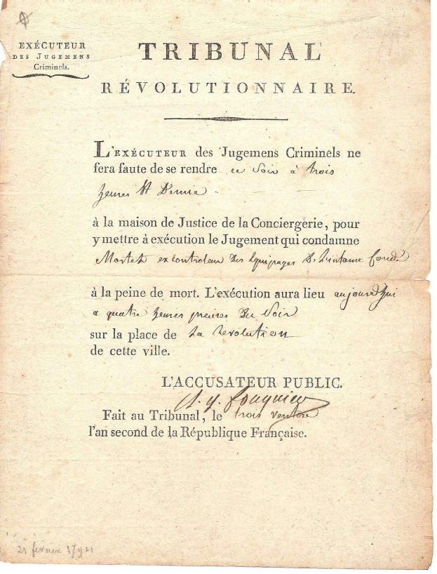 Ein altes, gelbliches Dokument mit der Überschrift "Tribunal Révolutionnaire", das in sauberer, geschwungener Schrift die Hinrichtung von Jugemens Criminels in Frankreich beschreibt.