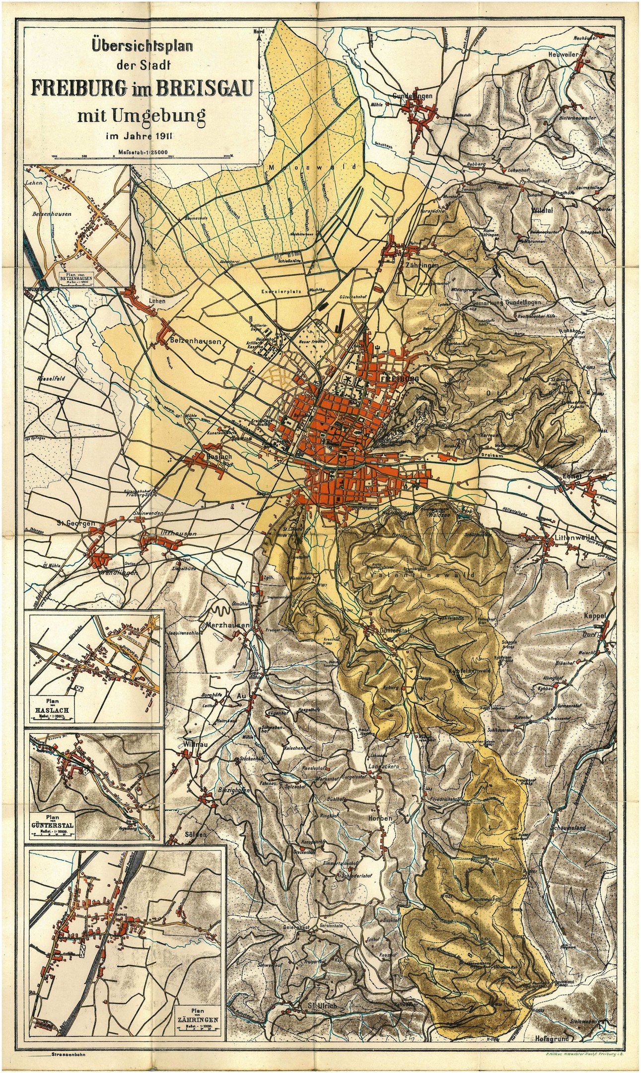 Detailierte alte Karte von Freiburg, Deutschland, zeigt Straßen, Gebäude und Sehenswürdigkeiten mit Text oben und unten.