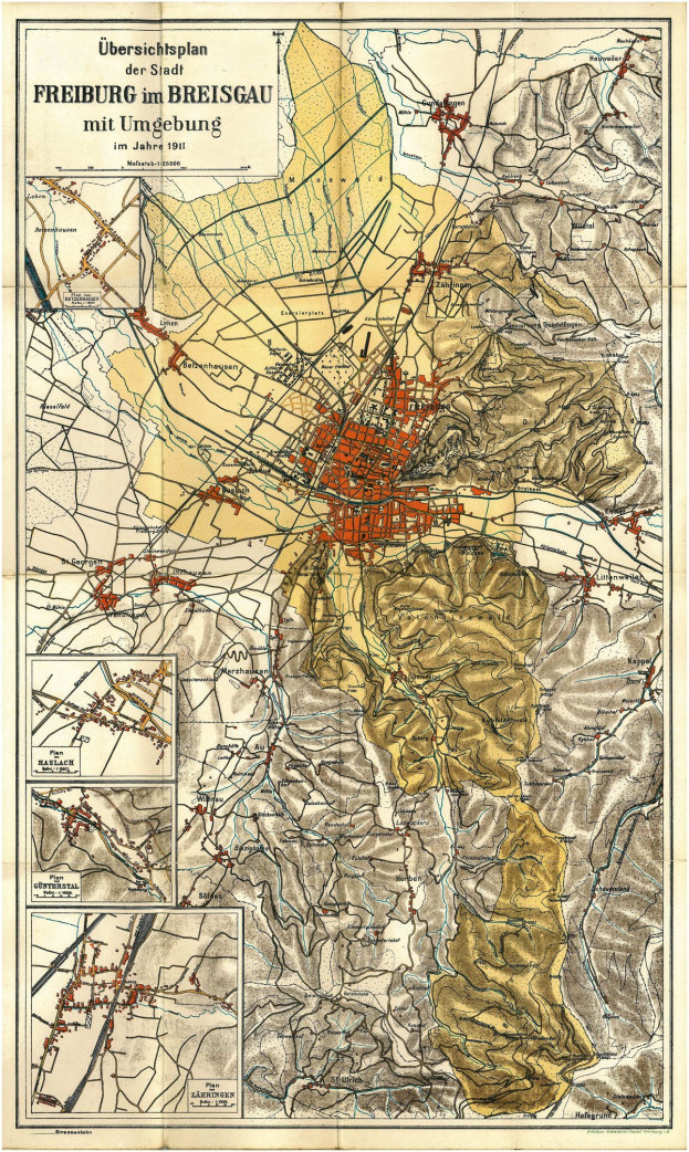 Detailierte alte Karte von Freiburg, Deutschland, zeigt Straßen, Gebäude und Sehenswürdigkeiten mit Text oben und unten.